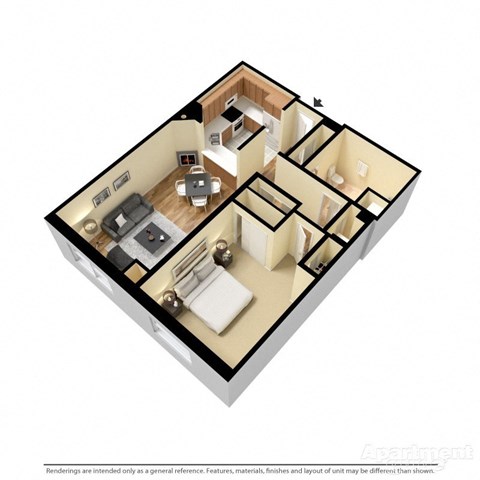 3d floorplan of a 1-bedroom 1-bathroom unit